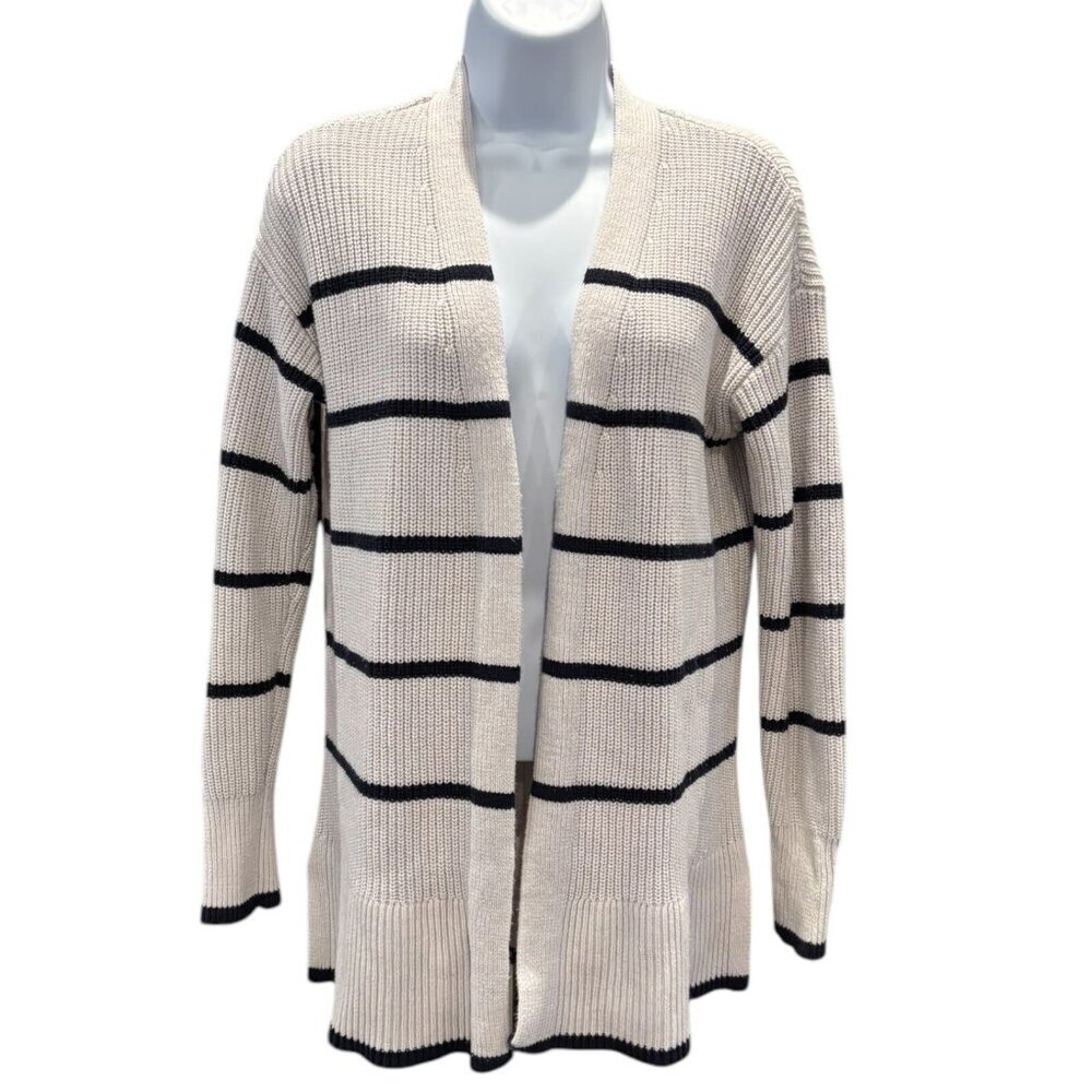 LOFT‎ Beige Black Stripe Cardigan Size M Open Front Sweater Coastal Chic 🐚